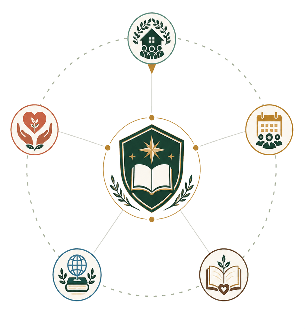 The five Kinforge apps — Home, Gather, Legacy, Homeschool, and Care — connected around one family story.